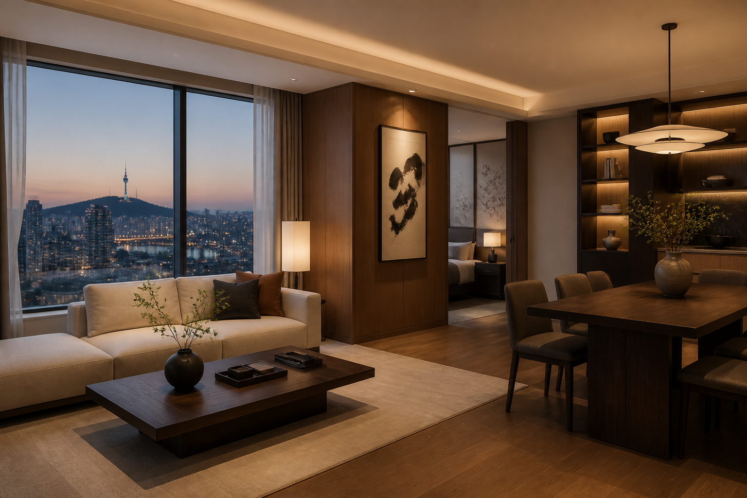 Sharehouse moderno em Seul com iluminação acolhedora